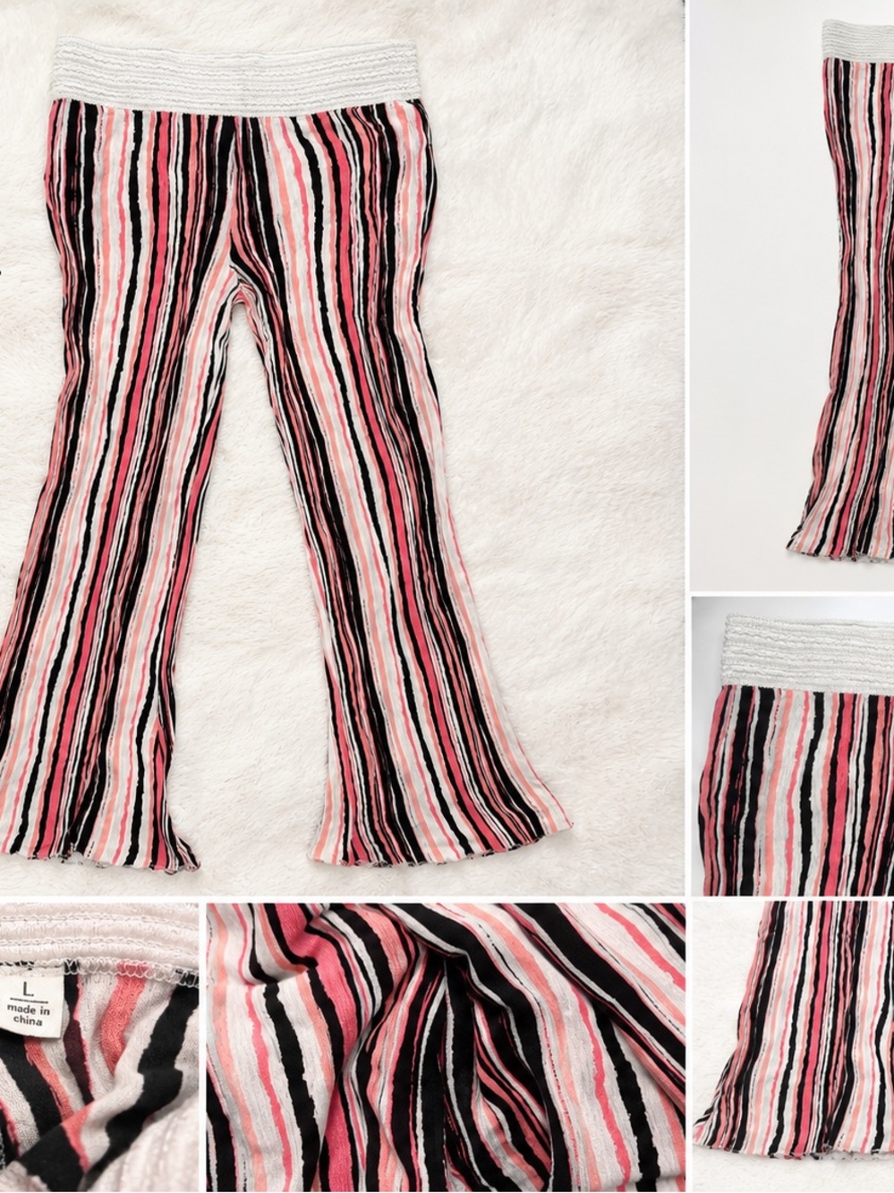 Women’s Striped Boho Lace Elastic WaistBand Flare Pants Girly Pinks&Black LRG